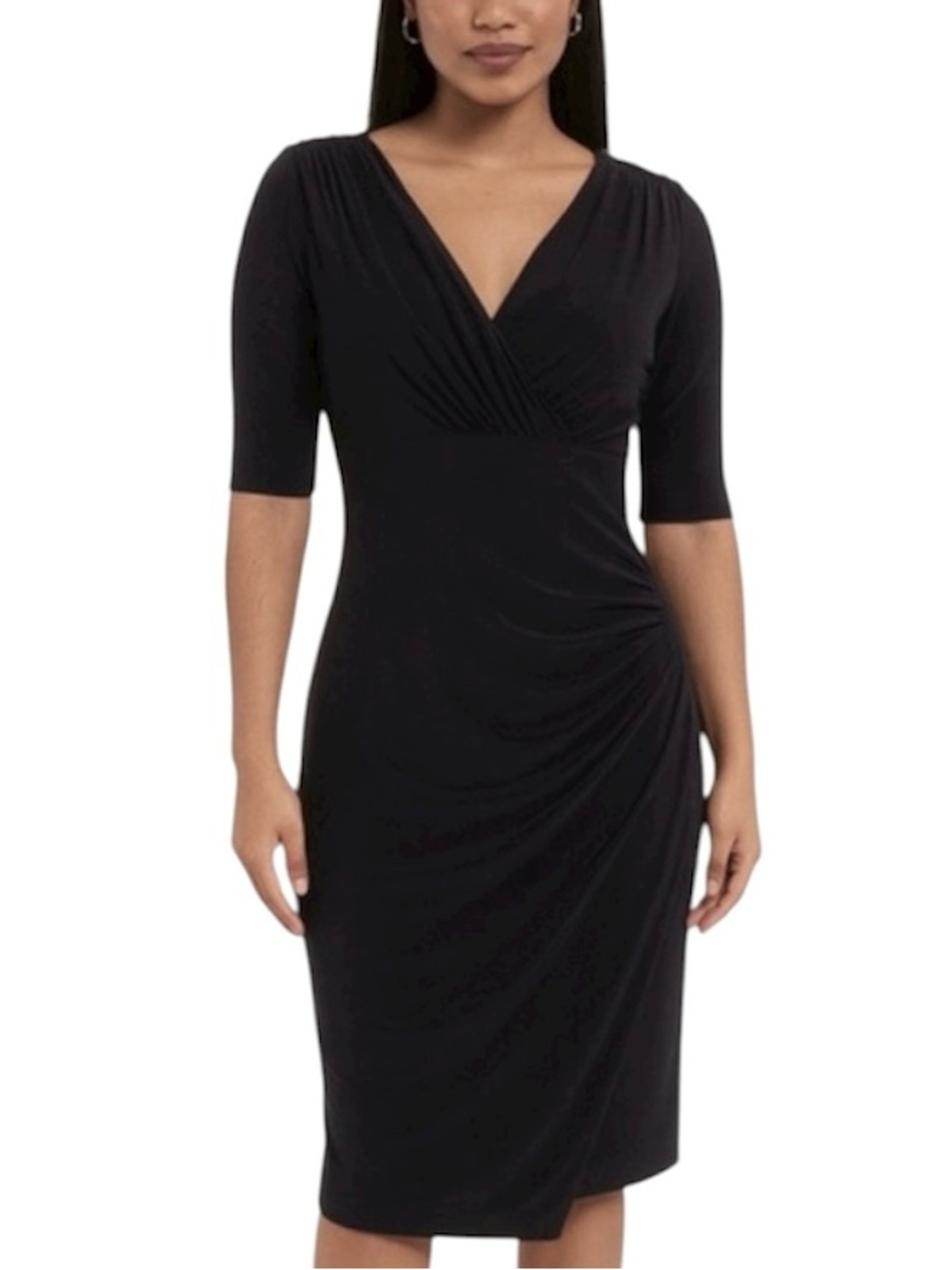 Ralph Lauren Black V-Neck Ruched Sheath Versatile Stretch Classic Midi Dress 8